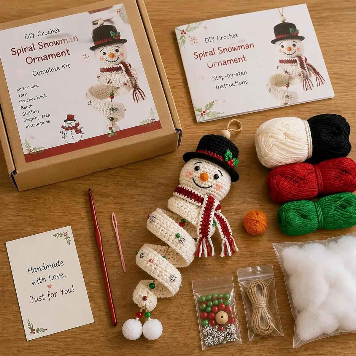 Crochet Snowman Spiral Ornament DIY Kit - Christmas Tree Decoration Craft Set for Beginners