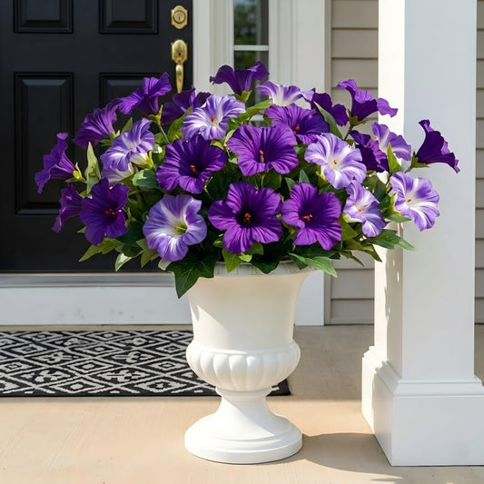 10 Pcs Realistic Outdoor Artificial Petunias | UV-Resistant Silk Faux Flowers | Lifelike Porch Decor in Purple & White