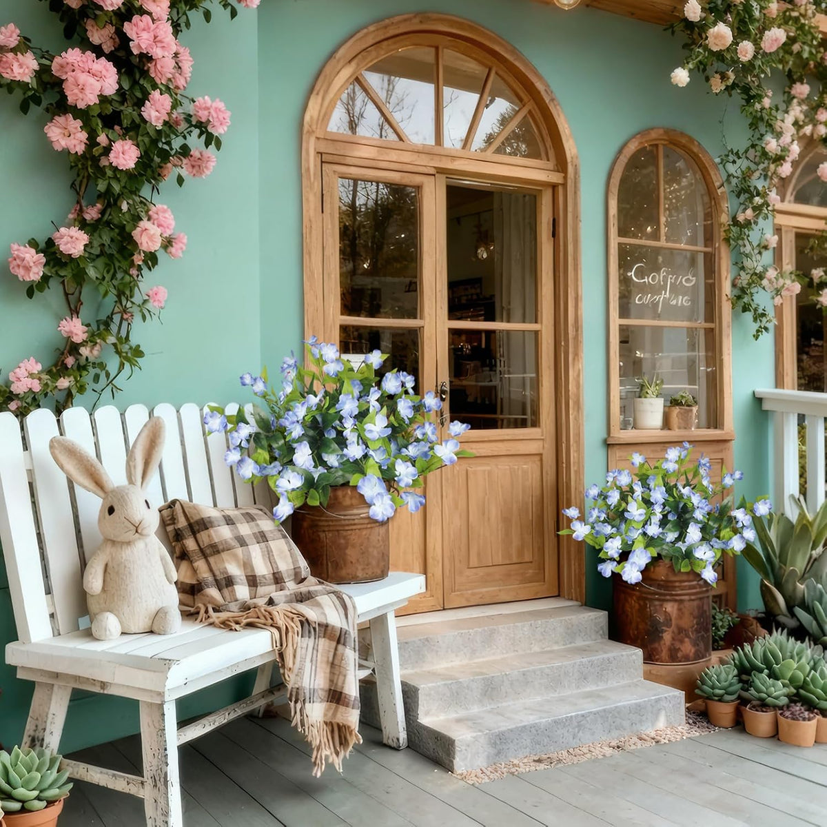 Artificial Flowers for Outdoors 2Pcs Faux Impatiens for Outdoor Planters UV Resistant Blue Silk Flowers Outside Artificial Impatiens Plants Bushes for Front Porch Patio Garden Pot Balcony Decor