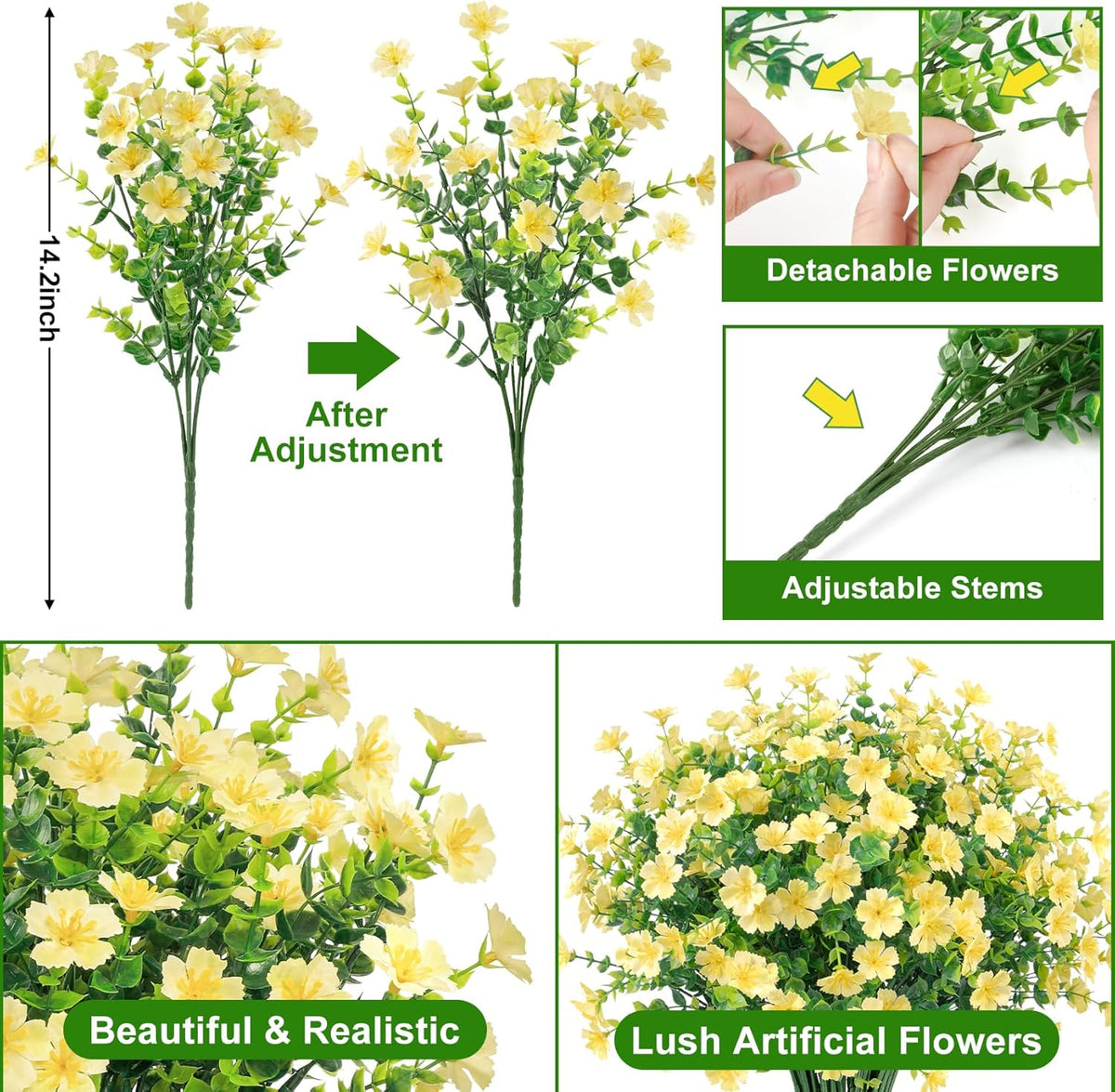 Ouddy Decor 24 Bundles Artificial Silk Flowers for Outdoors, Fake Plants Faux Greenery for Indoor Outside Garden Porch Window Hanging Planter Office Table Home Decor, Yellow