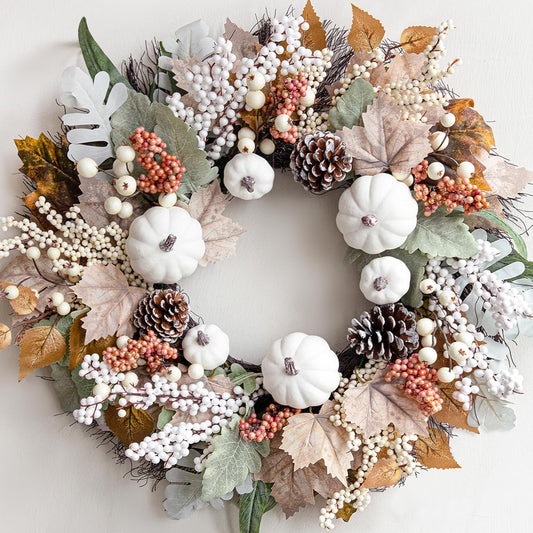 18 Inch Autumn Maple Leaf Wreath with White Pumpkins and Pine Cones for Fall Decor