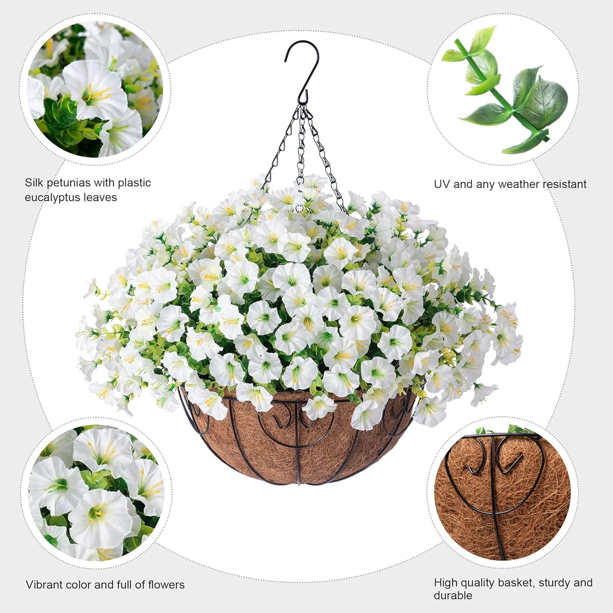 2 Set Artificial Hanging Flowers Baskets for Outdoors Faux Spring Plants, 24 Pcs UV Resistant Faux Silk White Morning Glory with 2 Outdoor Hanging Planters Realistic for Outside Porch Patio Decor