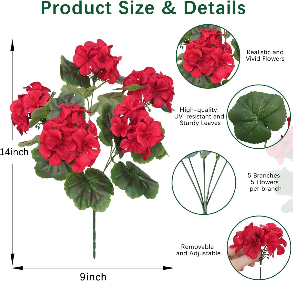 8 Pcs Artificial Geraniums Flowers for Outdoor Spring Summer Decor - UV-Resistant & Realistic Silk Faux Plants for Garden Porch Patio Yard Balcony Home Kitchen Table Centerpieces Decoration,Red