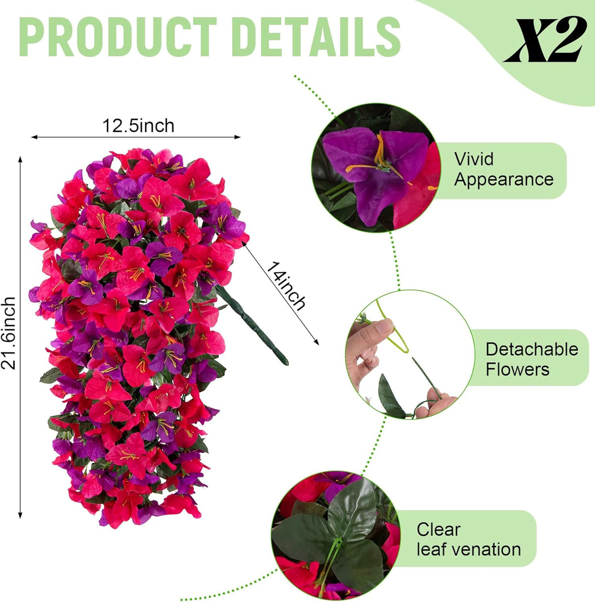 Fake Bougainvillea Artificial Flowers for Outdoors Decoration 2 pcs Faux Hanging Flowers Plants for Outdoor Planters UV Resistant Silk Bougainvillea Vines for Front Door Porch Urn Patio Garden