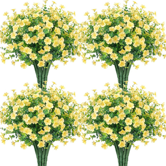 Ouddy Decor 24 Bundles Artificial Silk Flowers for Outdoors, Fake Plants Faux Greenery for Indoor Outside Garden Porch Window Hanging Planter Office Table Home Decor, Yellow