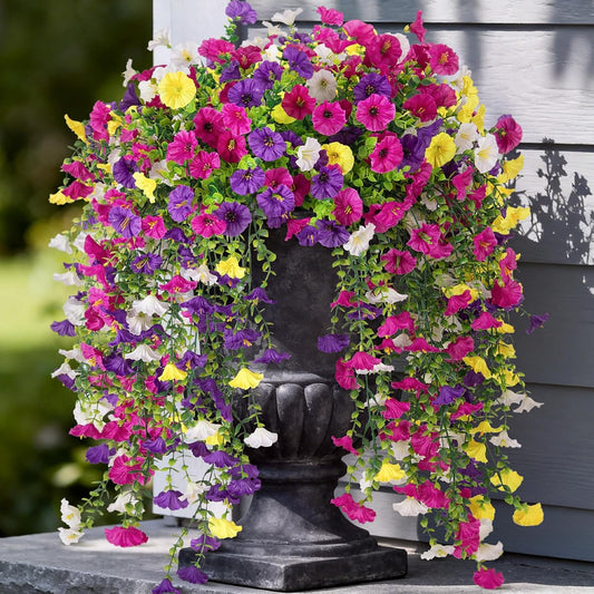 Artificial Hanging Petunias Flowers for Outdoor, Fake Plants Long Vine Morning Glory Eucalyptus, UV Resistant Realistic Faux Greenery Outside Patio Porch Garden Spring Summer Decor, Mix Color