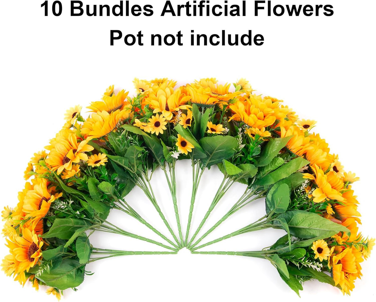 Sunflowers Artificial Flowers, 10 Bunches Fake Sunflower Artificial Flowers for Outdoors Spring Summer Decoration Look Real UV Resistant Fake Flowers for Home Porch Garden Wedding Party Office Indoor