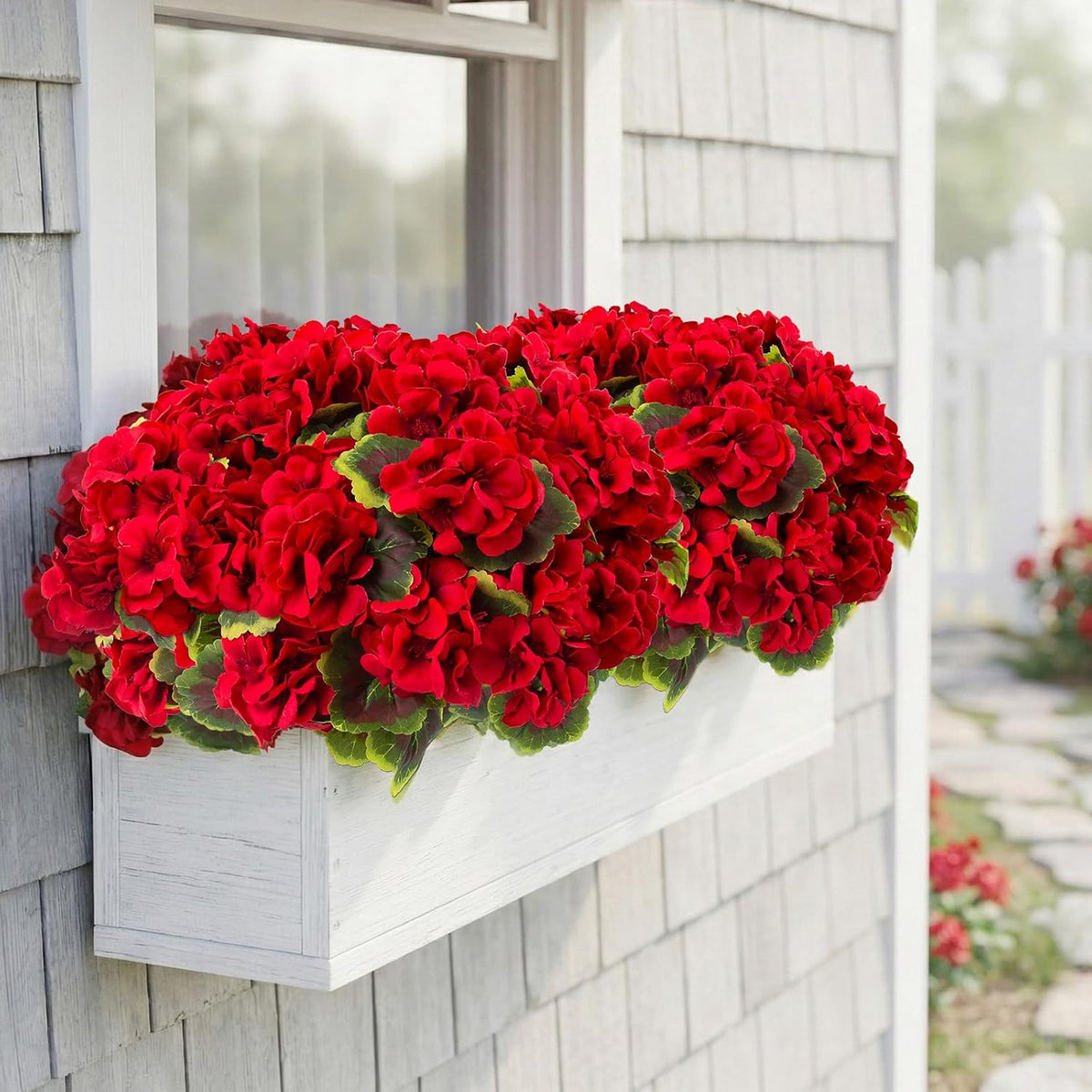 lovemoon 8 Pcs Artificial Geranium Plant Realistic Silk Flowers for Outside UV Resistant Faux Geraniums Flowers for Indoor Outdoor Home Garden Office Decoration (8, Red)