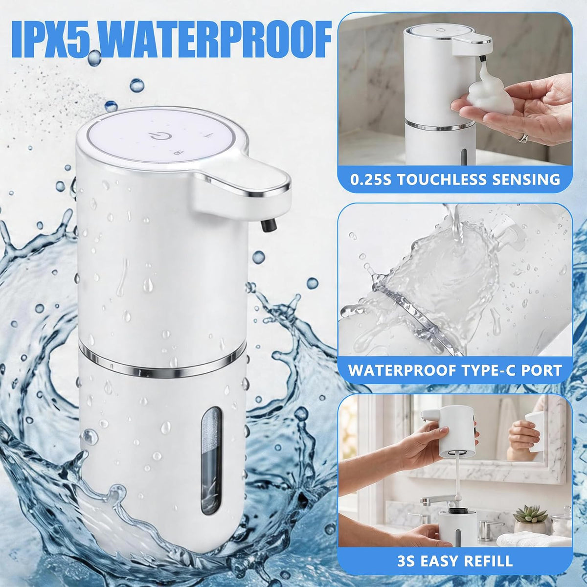 Automatic Foam Soap Dispenser - USB Rechargeable, 4-Level Adjustable, 380mL Wall Mounted or Countertop
