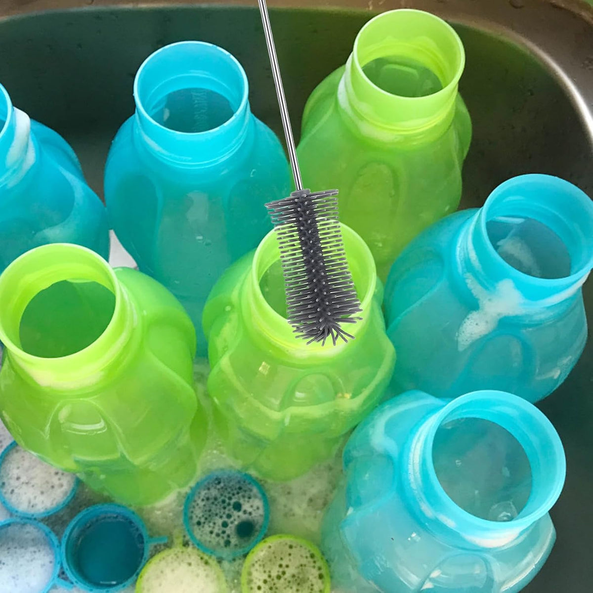 Semi Automatic Rotating Bottle Cleaning Brush with Long Handle Silicone Scrubber