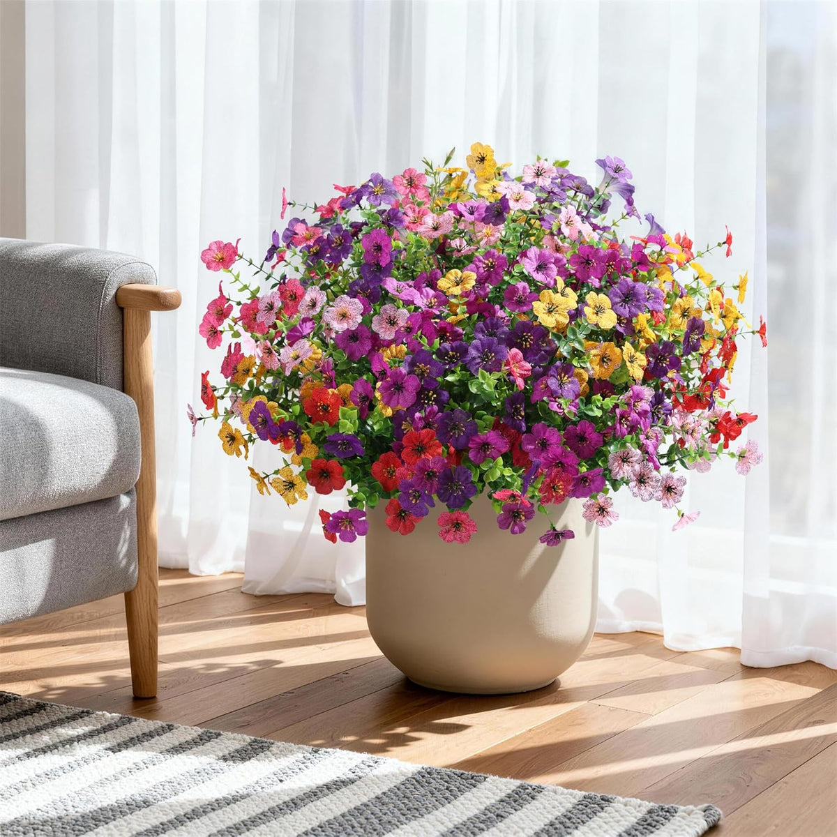 Ivydale Artificial Flowers for Outdoor 24 Bundles Fake Mums with Eucalyptus Leaves UV Resistant Silk Faux Daisy Flower Plant for Outside Home Porch Patio Window Box, 6 Color Mixed