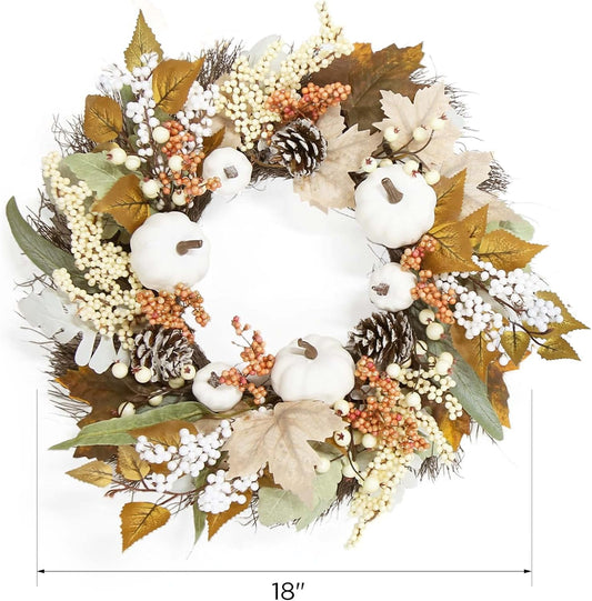 18 Inch Autumn Maple Leaf Wreath with White Pumpkins and Pine Cones for Fall Decor