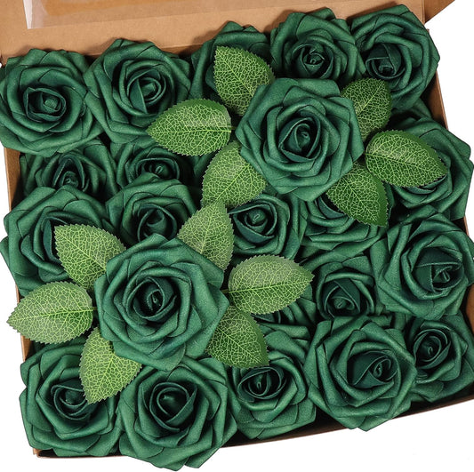 50pcs Artificial Flower，Real Touch Foam Roses w/Stem DIY for Wedding Bouquet Centerpieces Party Shower Home Decor-Green boxpack