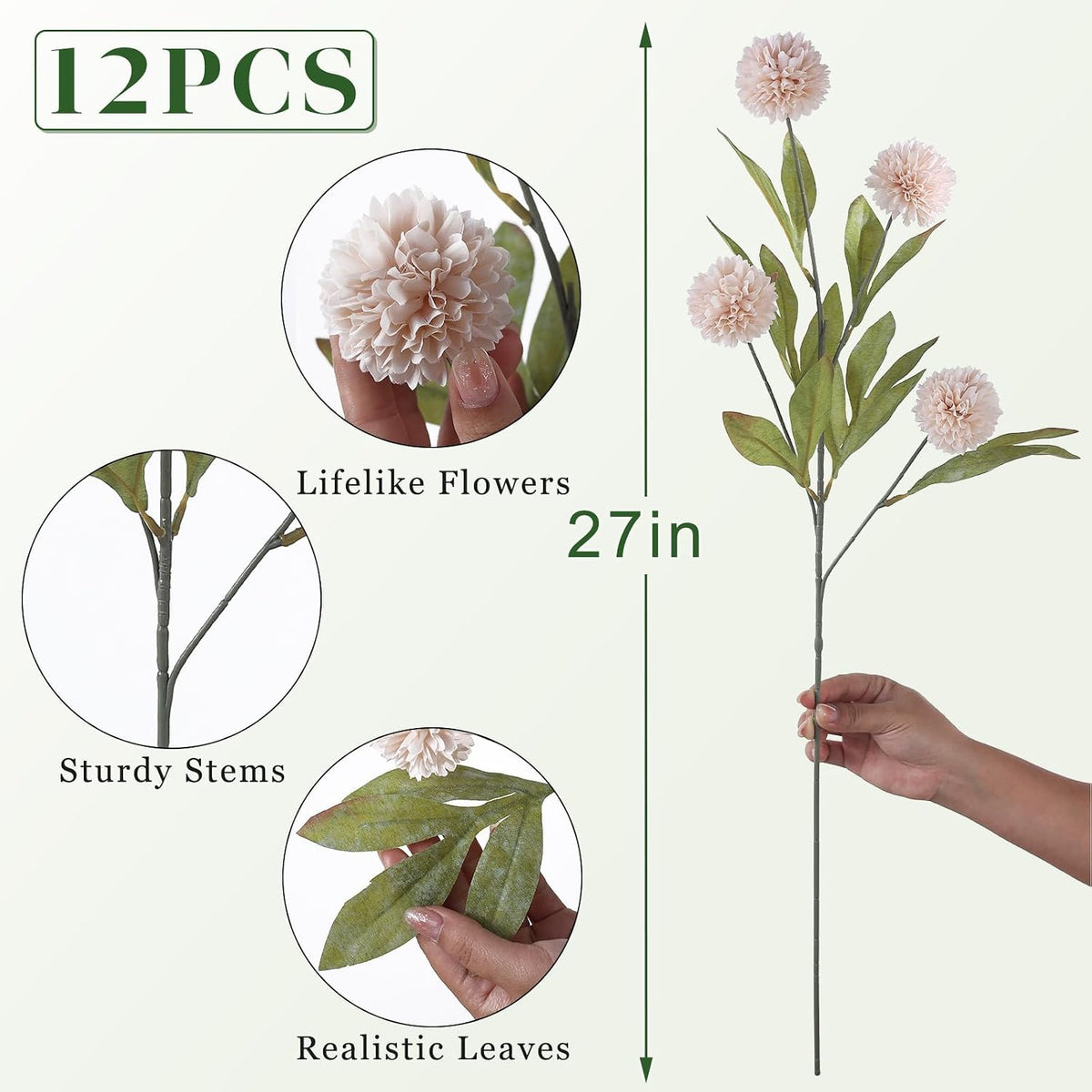 12 Pcs 27" Faux Silk Pompon Mum Artificial Flowers for Vase, Beige Bulk Fake Chrysanth Branches
