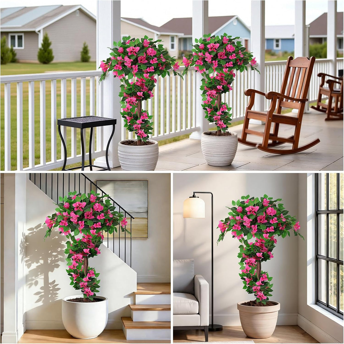 2Pack 4FT Artificial Bougainvillea Topiary Trees for Outdoor, Fake Silk Flowers Plants Bushes with Ground Spike, Faux UV Resistant Shurbs Trees for Outside,Front Porch,Patio,Balcony Decor