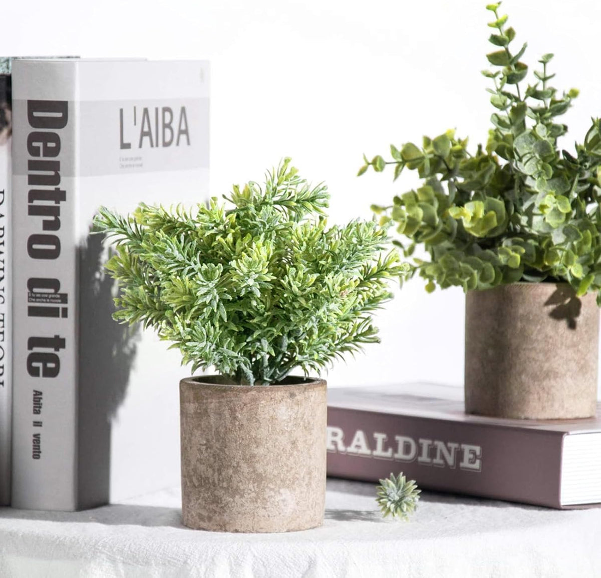 Der Rose 3 Pack Mini Potted Fake Plants Artificial Plastic Eucalyptus Plants Topiaries for Home Office Desk Farmhouse Shelf Room Bathroom Decor(Sage Green)