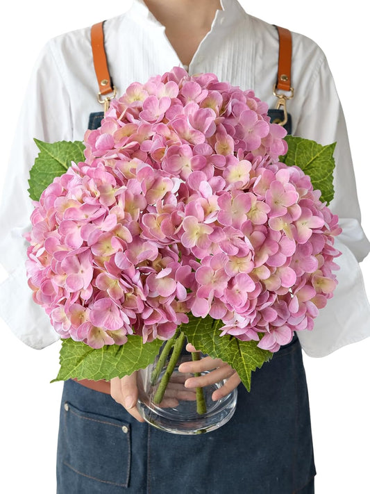 3pcs 21" Pink Real Touch Fake Hydrangea Flowers, Latex Full Lifelike Silk Artificial Hydrangeas Fake Flowers for Bouquet Table Centerpieces Spring Wedding Indoor Home