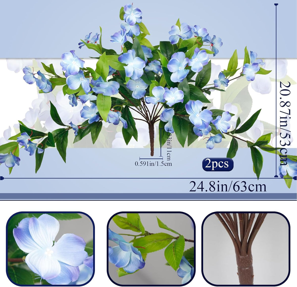 Artificial Flowers for Outdoors 2Pcs Faux Impatiens for Outdoor Planters UV Resistant Blue Silk Flowers Outside Artificial Impatiens Plants Bushes for Front Porch Patio Garden Pot Balcony Decor