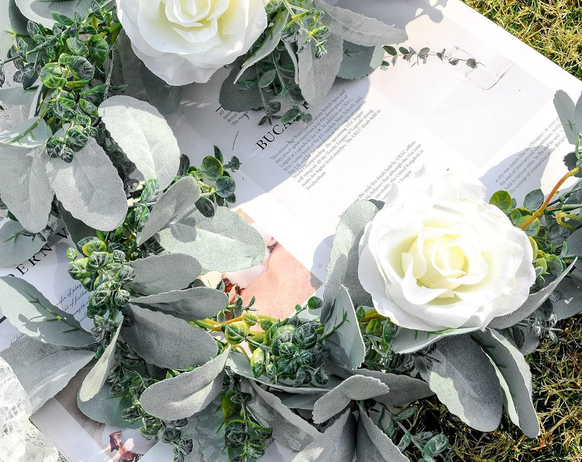 Miracliy 6 Ft Eucalyptus Garland with Flowers, Lambs Ear Greenery White Roses Flower Garland Fake Vines for Wedding Boho Table Mantle Backdrop Party Farmhouse Home Decor