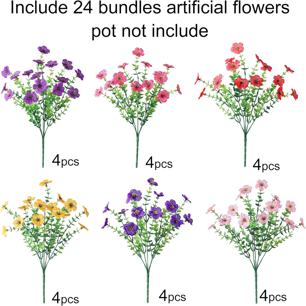 Ivydale Artificial Flowers for Outdoor 24 Bundles Fake Mums with Eucalyptus Leaves UV Resistant Silk Faux Daisy Flower Plant for Outside Home Porch Patio Window Box, 6 Color Mixed