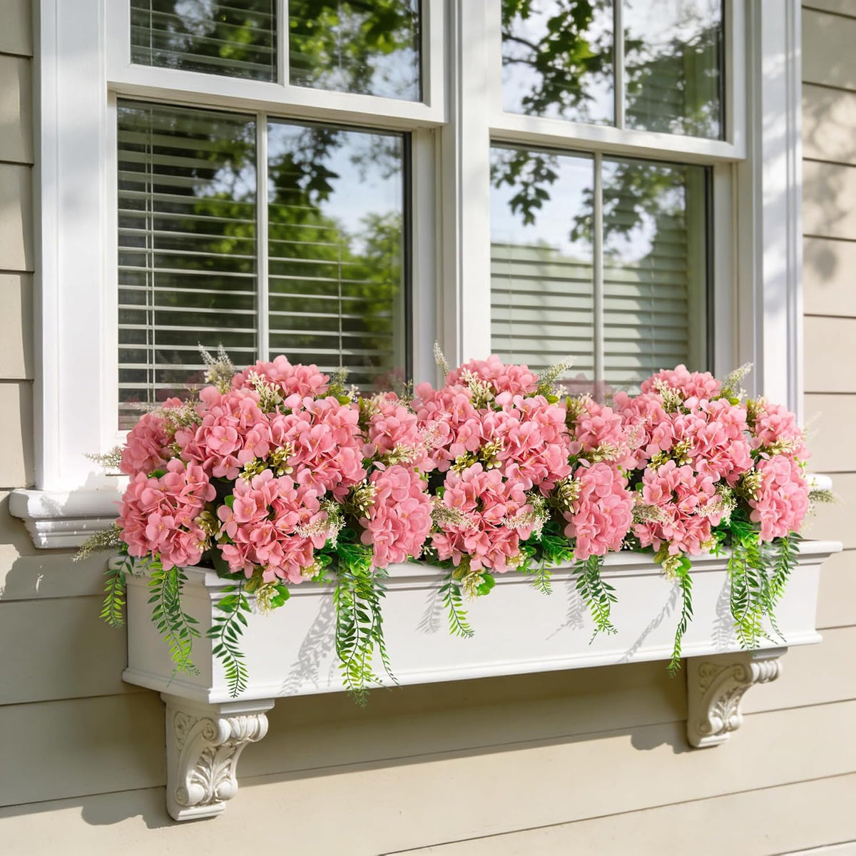 Artificial Hydrangea Flowers Silk Champagne Fake Flower with Eucalyptus for Outdoor Decorations UV Resistant Realistic Faux Plants for Garden Porch Window Box Indoor Table Decor