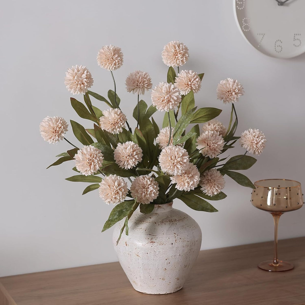 12 Pcs 27" Faux Silk Pompon Mum Artificial Flowers for Vase, Beige Bulk Fake Chrysanth Branches