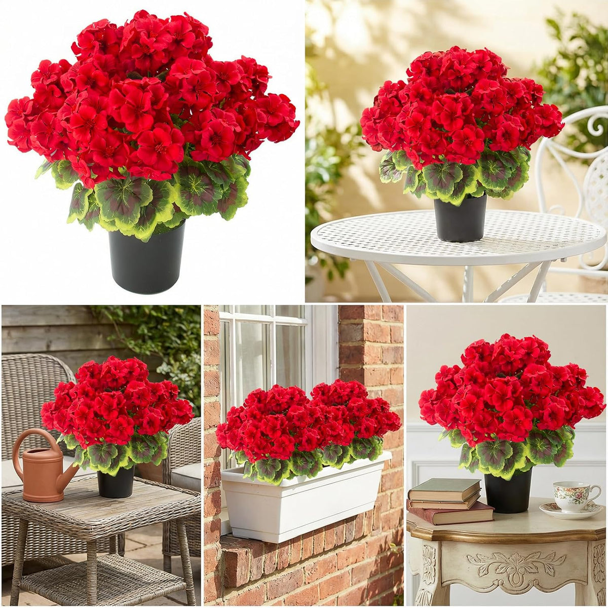 lovemoon 2 Pcs Geranium Potted Artificial Flowers, 19" Fake Geraniums Plants UV Resistant Silk Potted Plants for Outdoor Home Décor Office Porch Garden Decor (2, Red)