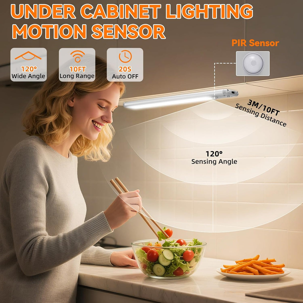 Wireless Under Cabinet Lighting - 10 Inch Motion Sensor LED Lights, 3-Pack