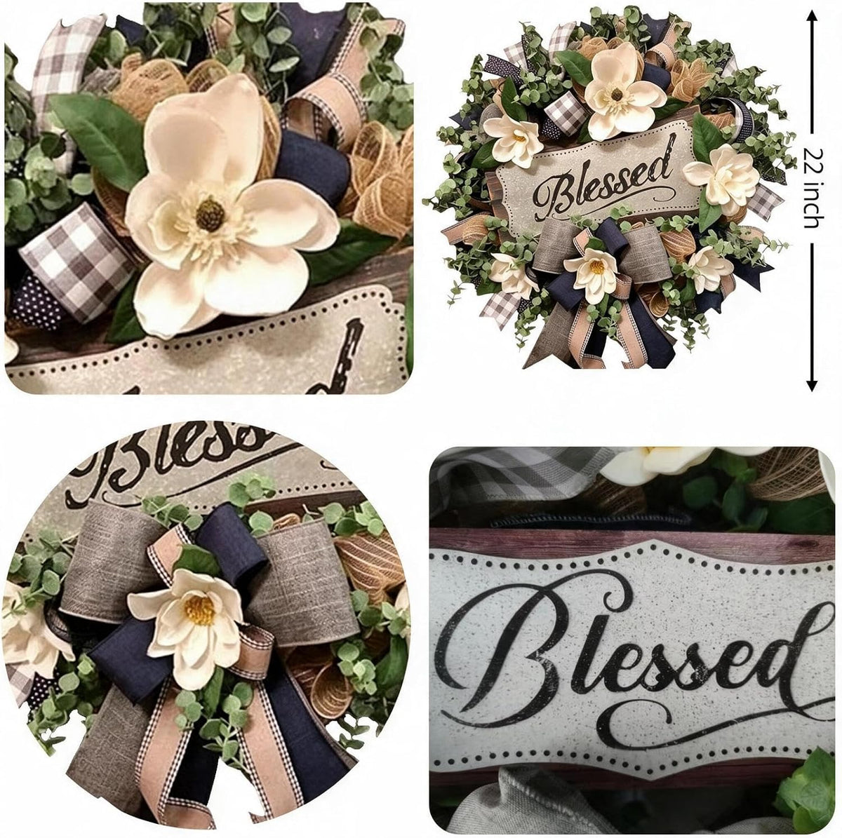 Spring Summer Wreath for Front Door, Farmhouse White Floral Porch Decor with Blessed Plaque