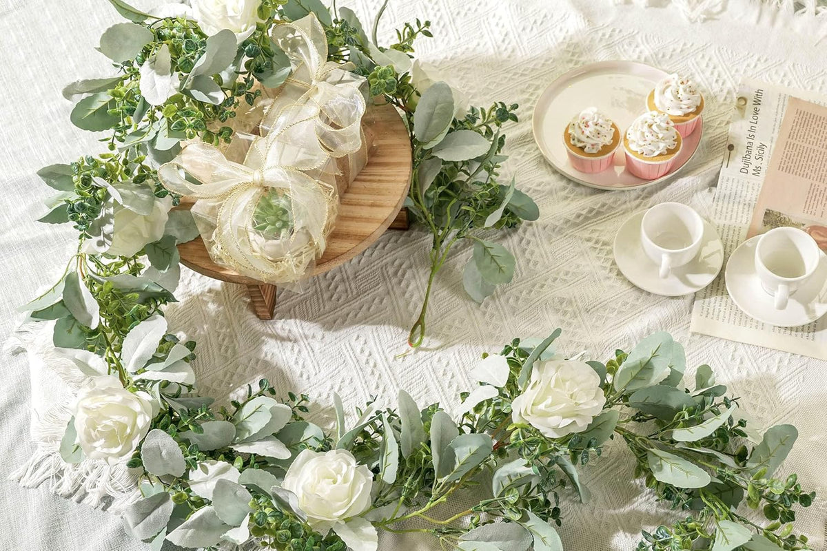 Miracliy 6 Ft Eucalyptus Garland with Flowers, Lambs Ear Greenery White Roses Flower Garland Fake Vines for Wedding Boho Table Mantle Backdrop Party Farmhouse Home Decor