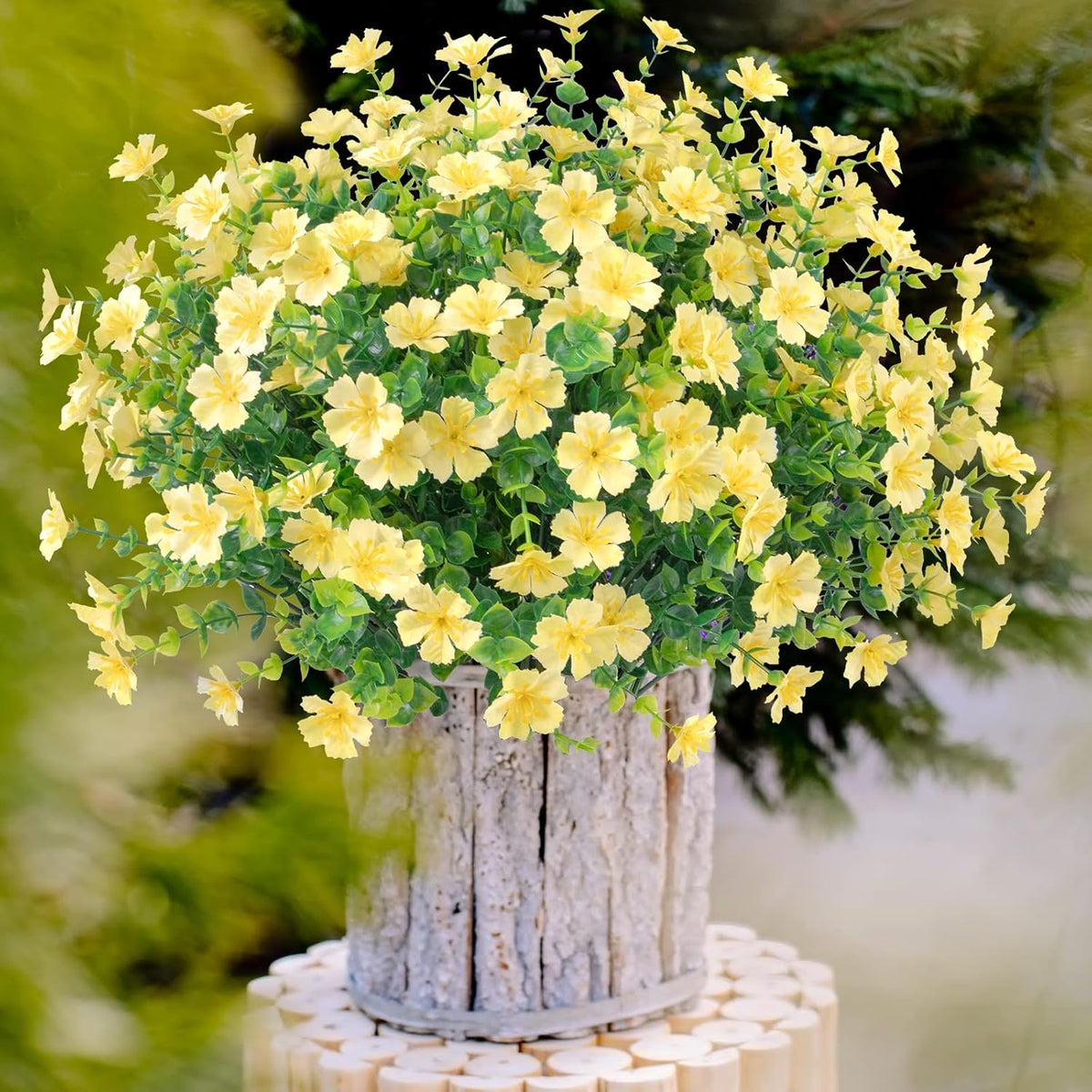Ouddy Decor 24 Bundles Artificial Silk Flowers for Outdoors, Fake Plants Faux Greenery for Indoor Outside Garden Porch Window Hanging Planter Office Table Home Decor, Yellow