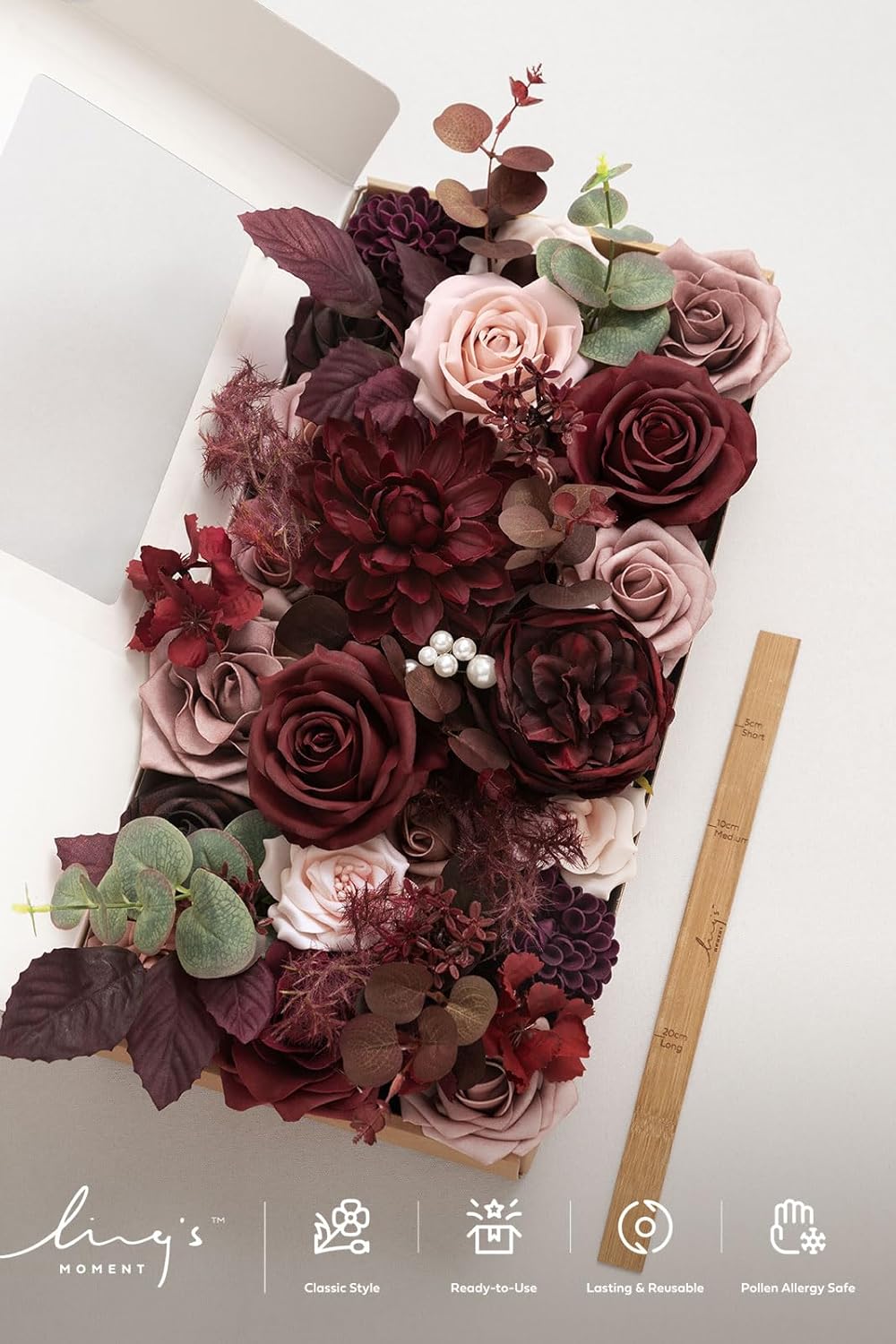 Ling's moment Fake Flowers Box, Faux Artificial Greenery Stems Foam Roses Dahlia Silk Peonies Eucalyptus Fabic Flower for Centerpieces Bouquet Wedding Vase, Dusty Rose & Burgundy, Deluxe Combo