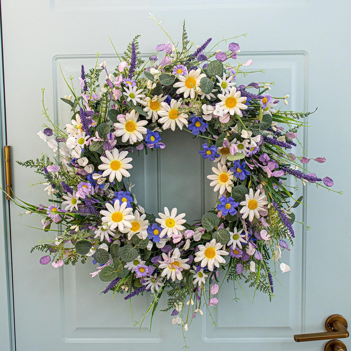24 Inches Spring Wreaths for Front Door Blue Spring Door Wreath Summer Floral Wreath with Wildflower White Sunflower for Porch Indoors Outdoor Window Home Decorations