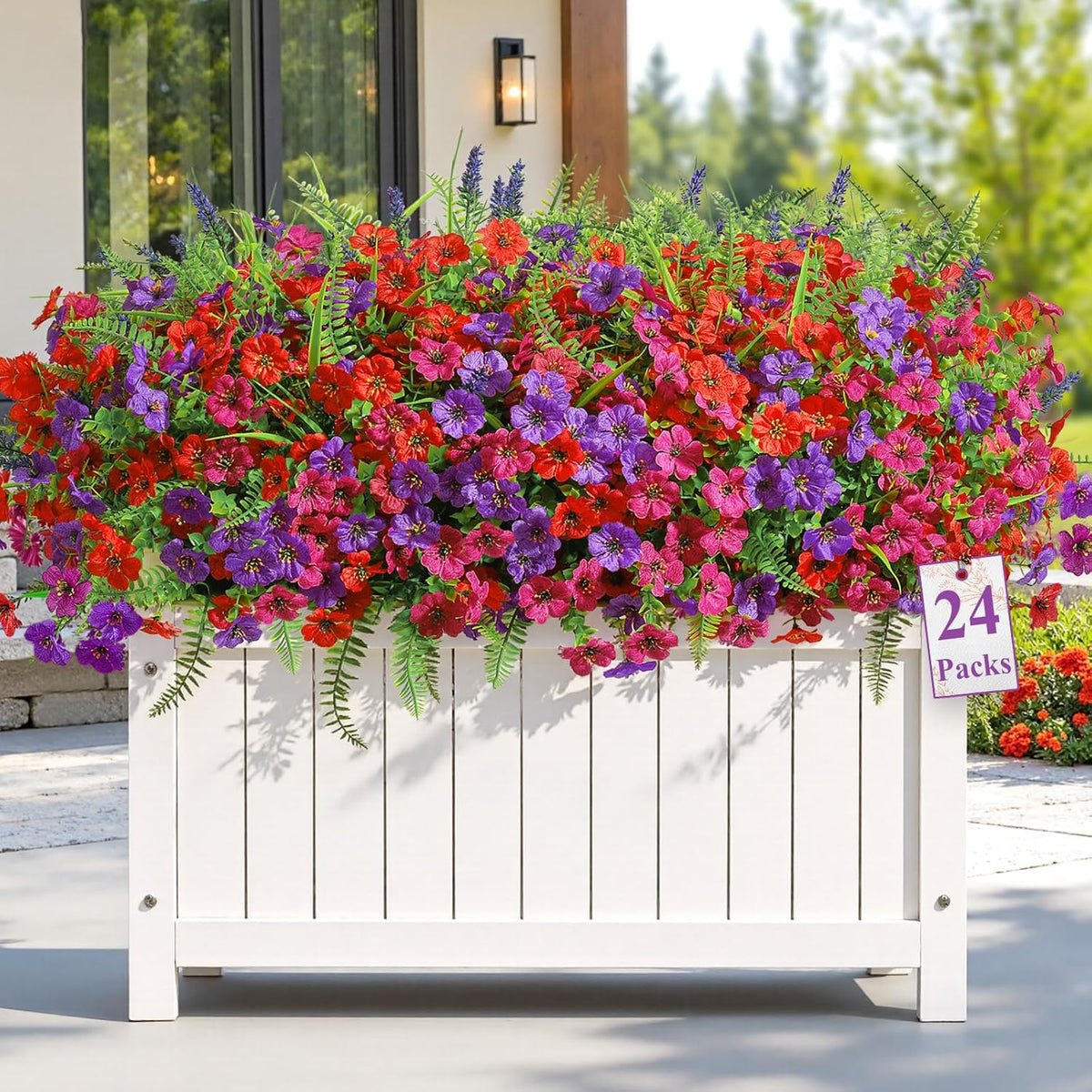 Alupssuc 24 Bundles Artificial Flowers for Outdoors Spring Decoration, UV Resistant Faux Eucalyptus Violet and Lavender Silk Fake Plants for Outside Indoor Yard Home Patio Decor, Red Rose Purple