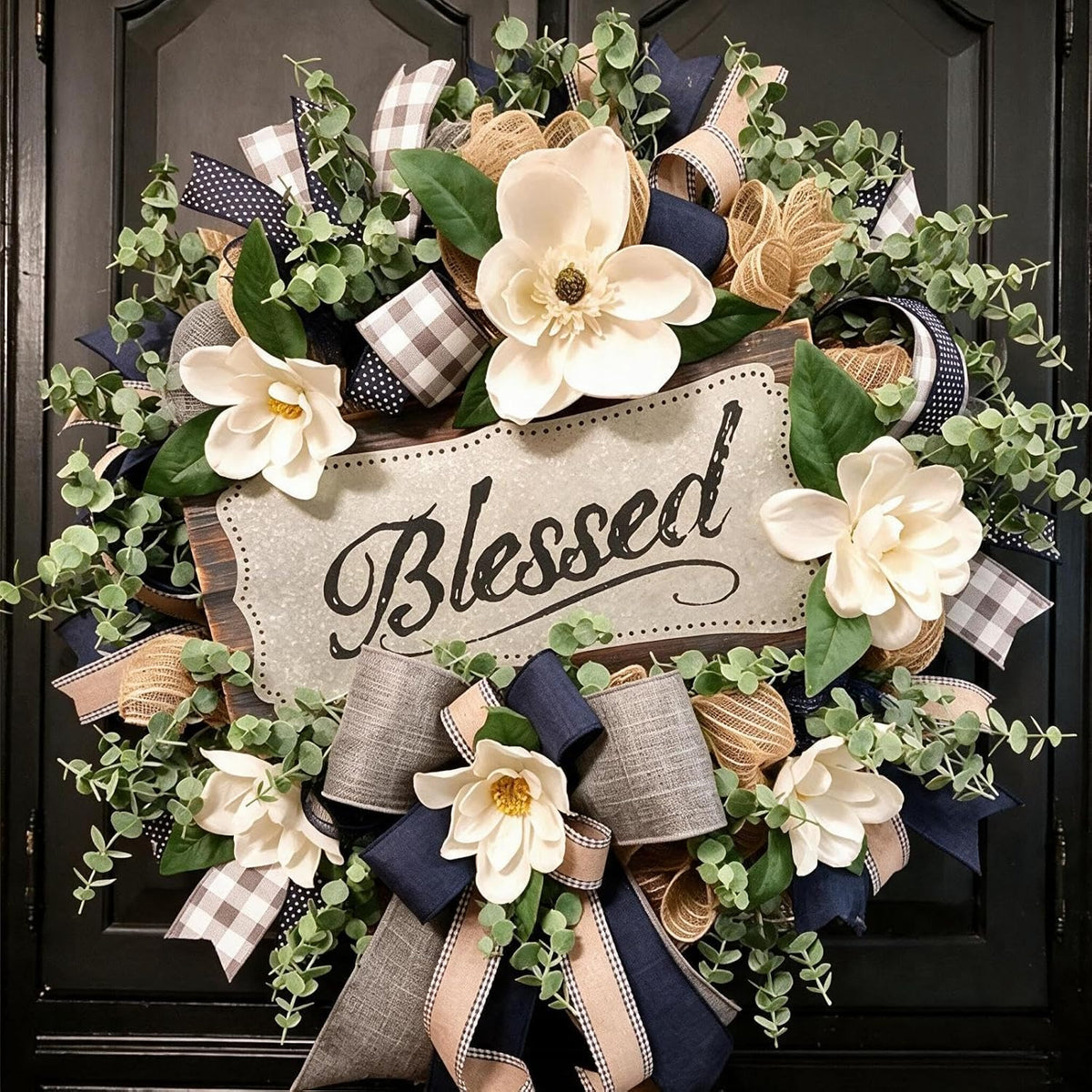 Spring Summer Wreath for Front Door, Farmhouse White Floral Porch Decor with Blessed Plaque